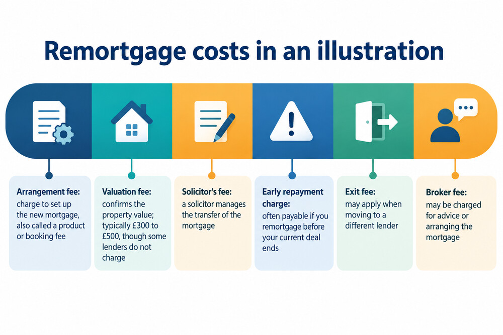 A table of remortgage costs a borrower would see in an illustration, including arrangement, valuation and legal fees