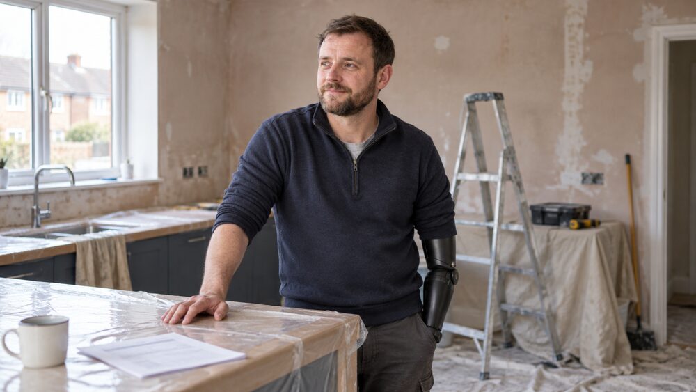A man stands in a half-renovated kitchen, one hand on a wrapped worktop, a blurred letter nearby.
