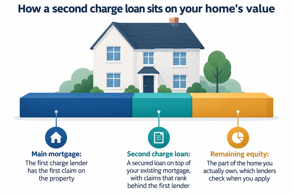 A diagram showing the layers of a property's value: the main mortgage at the front, the second charge behind it, and the owner's equity behind both