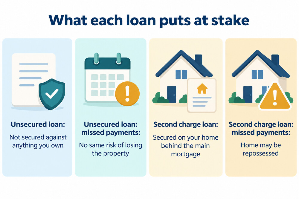 Two paths side by side showing what happens after missed payments on an unsecured loan compared with a loan secured on a home