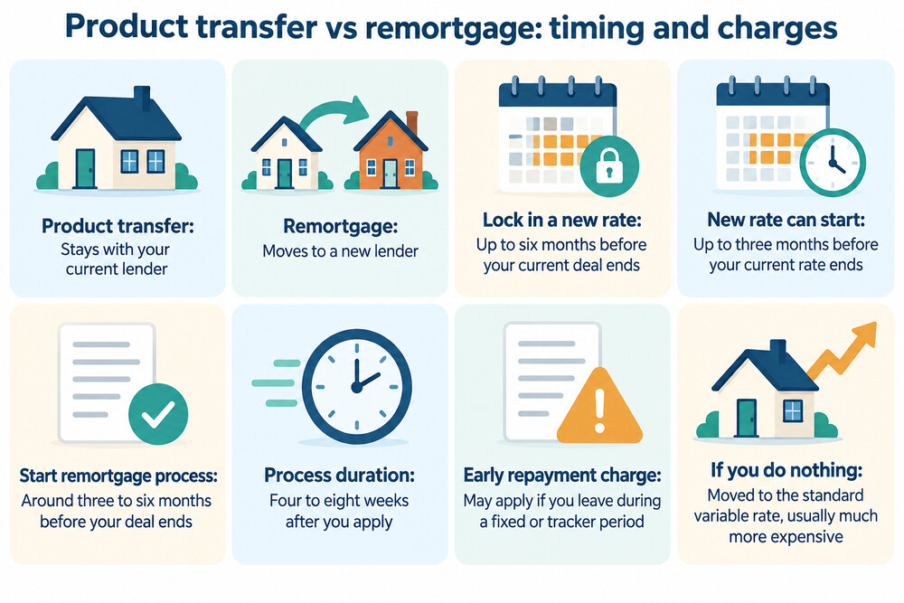 A side-by-side comparison of a product transfer with the same lender and a remortgage to a new lender