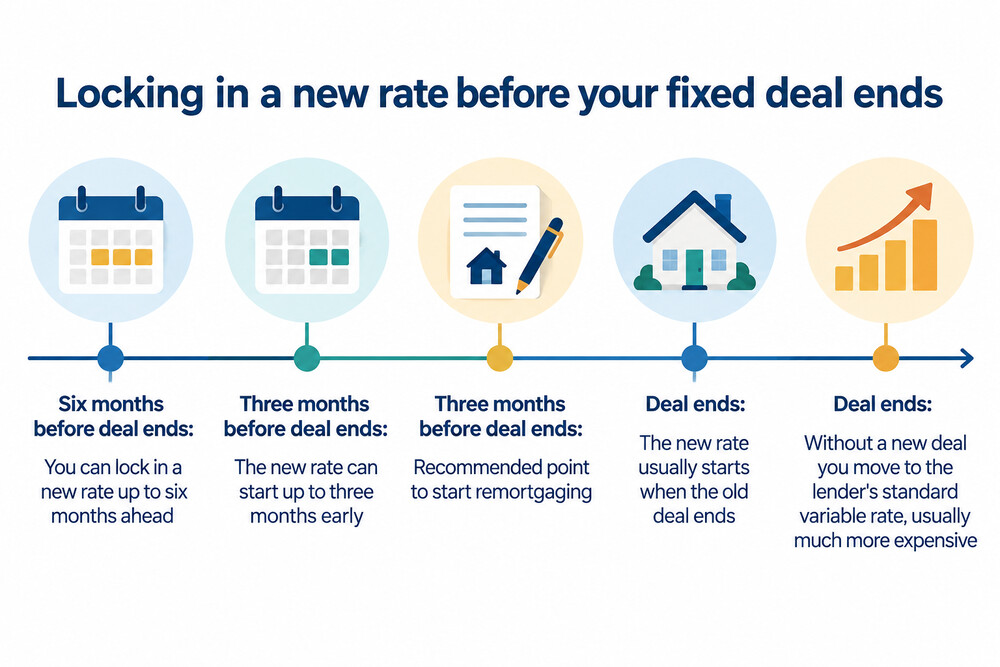 A timeline showing a fixed rate ending, with the six-month lock-in window and the three-month start point marked