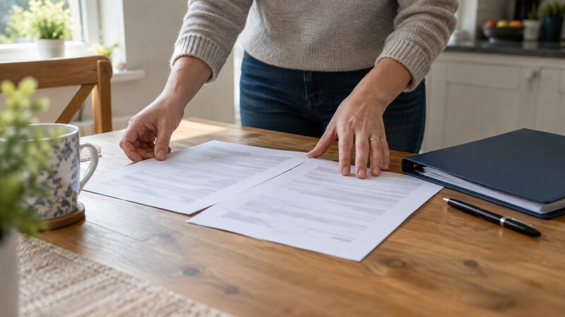 Hands lay two printed documents side by side on a wooden table.