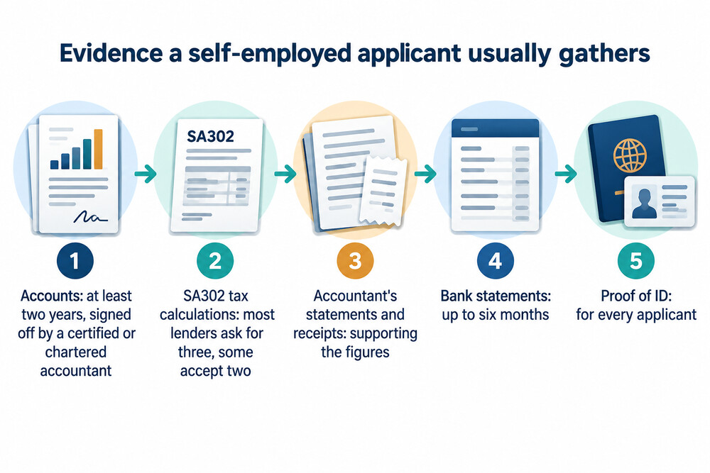 A numbered checklist of documents a self-employed mortgage applicant gathers before applying