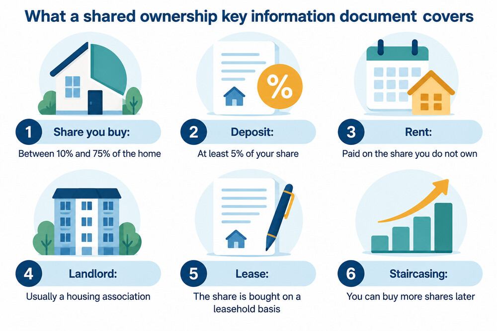 A key information document for a shared ownership home, showing shares, rent and fees