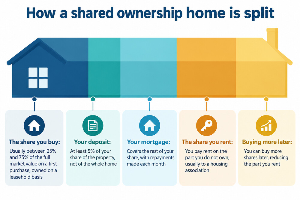 A diagram of a shared ownership home split between the buyer's share and the housing association's share