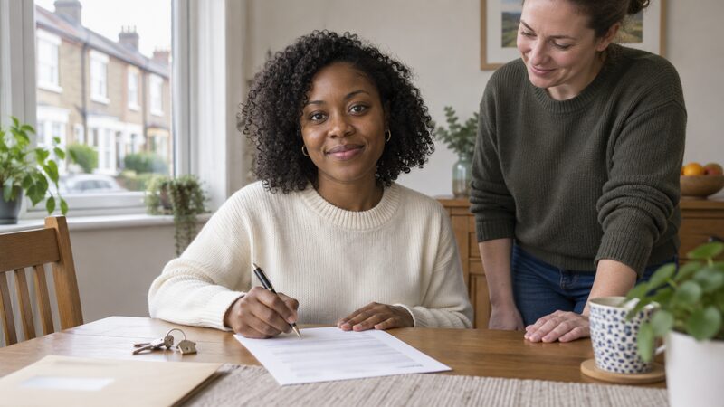 A woman signs a document at a dining table while a neighbour witnesses.