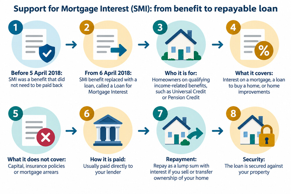 A screenshot-style illustration of a Universal Credit online account showing where to request an SMI application