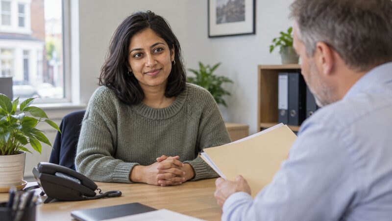 A woman sits across a desk from a broker who turns a folder towards her in a small office.