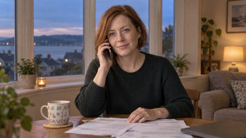 A woman sits by a window on a phone call with mortgage papers in front of her.