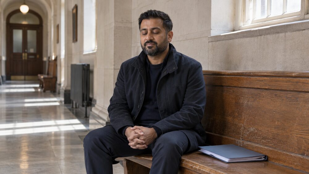 A man sits on a bench in a court corridor with eyes closed, a folder of papers beside him.
