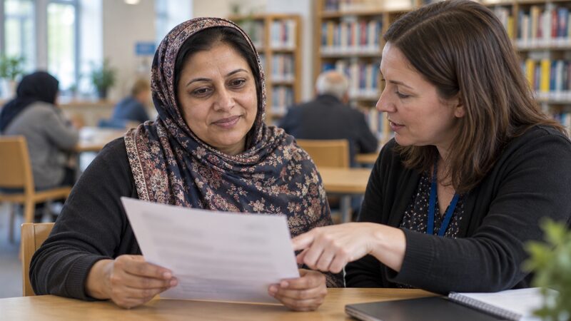 A woman sits with a debt adviser in a library, holding a blurred letter.