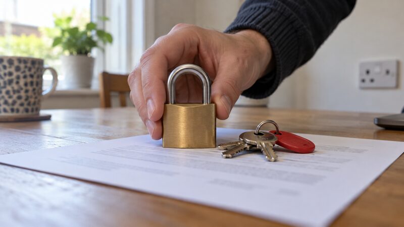 A brass padlock and house keys lie on a blurred document on a wooden table.