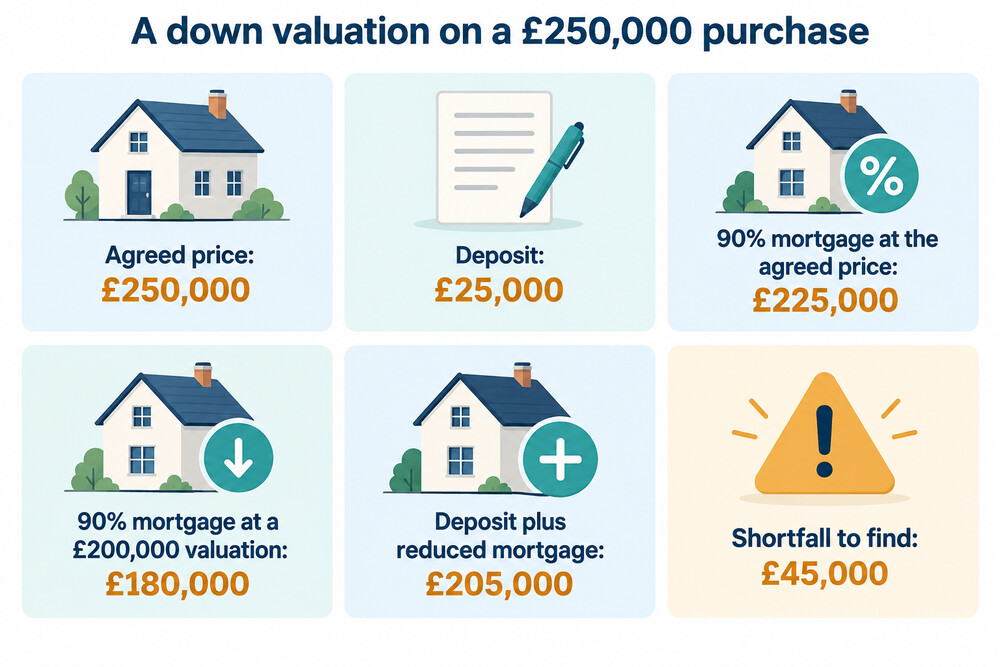 Diagram showing how a down valuation reduces the mortgage and creates a shortfall