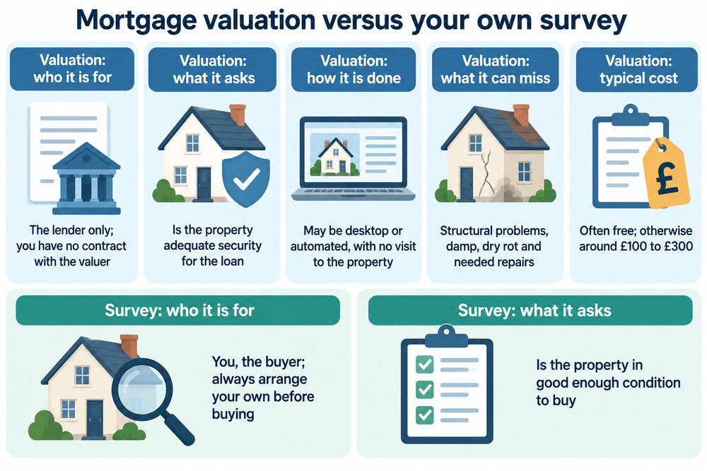 A side-by-side comparison of a one-page mortgage valuation report and a detailed full structural survey report