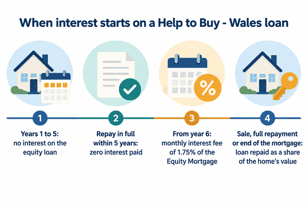 Timeline of the Help to Buy - Wales equity loan showing the interest-free period and when the interest fee starts