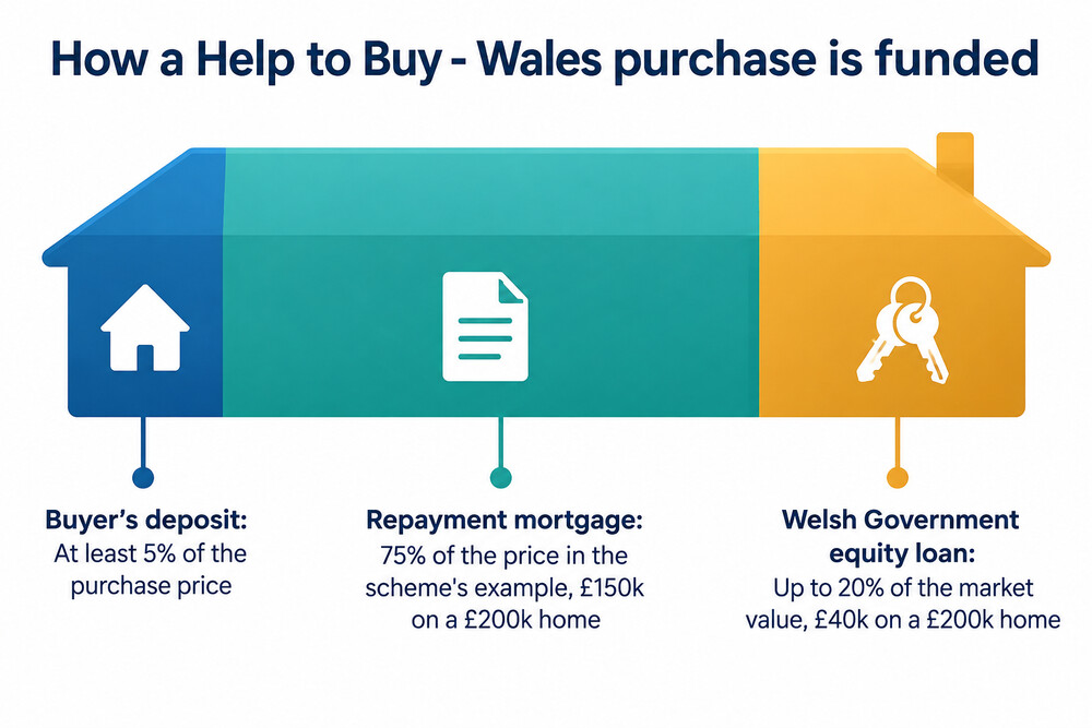 A diagram showing how the purchase price of a Help to Buy - Wales home is split between deposit, mortgage and equity loan