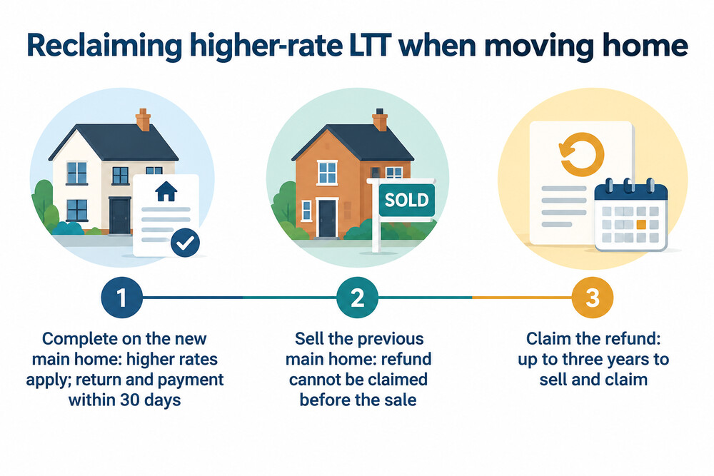 Timeline of buying a new home in Wales before selling the old one, showing higher-rate LTT paid and later refunded