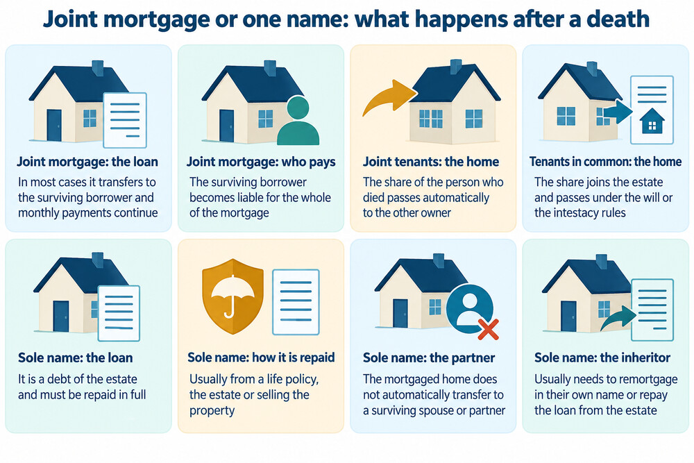 A diagram showing the possible paths a mortgage takes after a borrower dies, depending on whether it was joint or sole, and whether insurance or the estate covers it