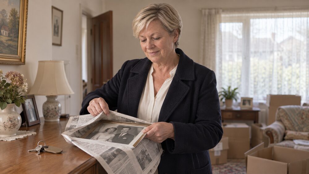 A woman wraps a framed photograph in newspaper at a sideboard, house keys beside her in a bungalow.