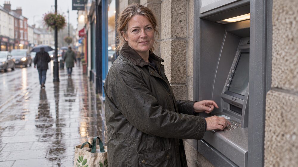 A woman uses a cash machine set into a bank wall on a wet high street, a shopping bag at her feet.