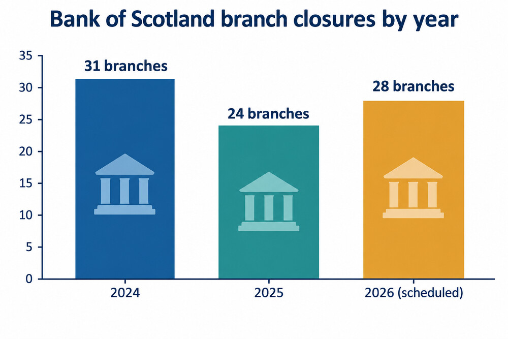 Bar chart of Bank of Scotland branch closures by year, 2024 to 2026