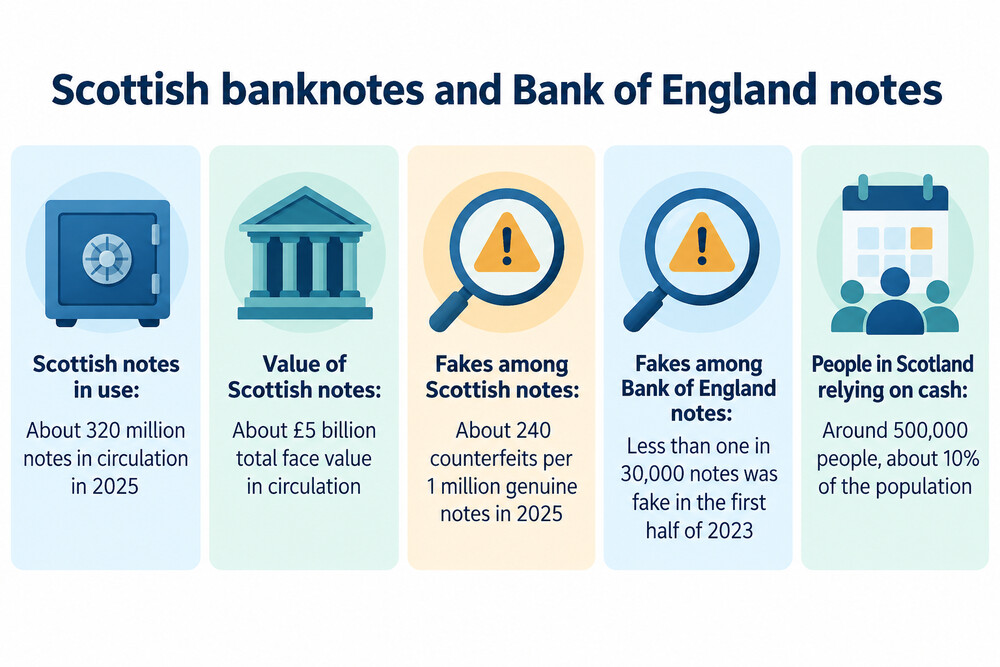 Examples of Scottish banknote designs from the three issuing banks