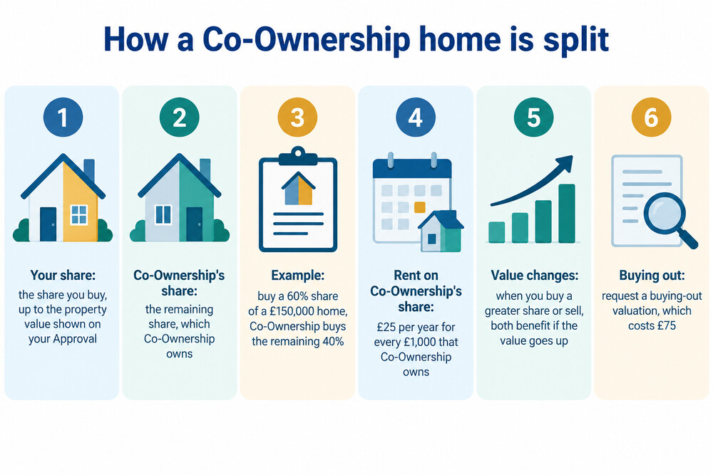 A diagram showing how a Co-Ownership share works, with the buyer's share and Co-Ownership's share side by side