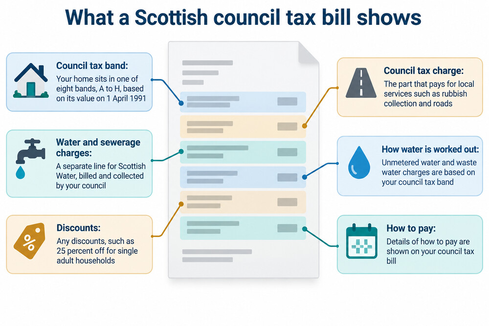 A Scottish council tax bill showing the council charge and the separate water and sewerage charge