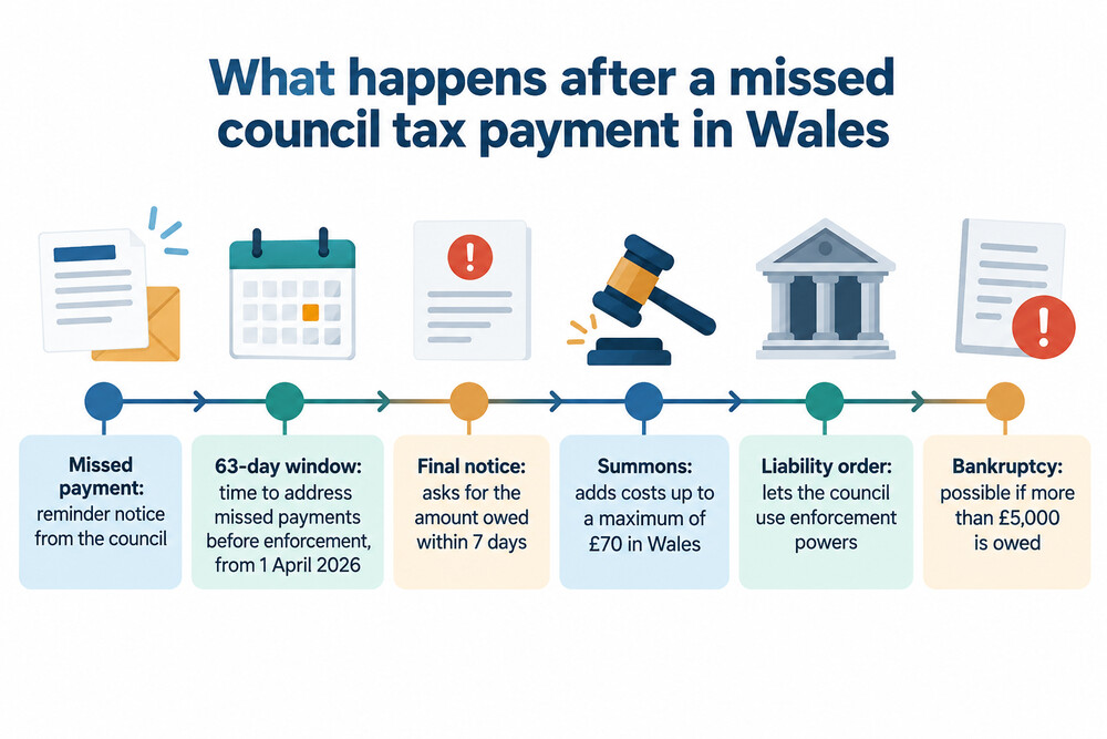 A timeline showing the steps after a missed council tax payment in Wales