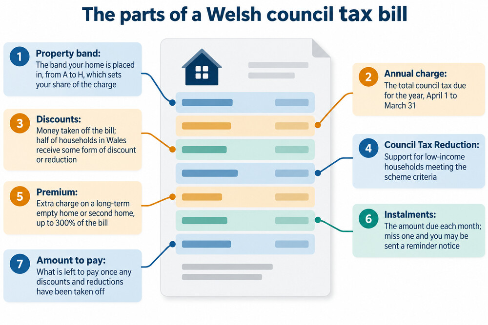 A Welsh household's council tax bill showing the band and payment schedule