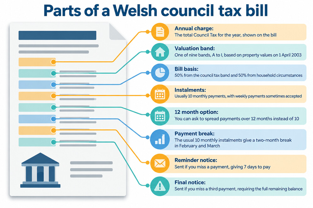 A council tax bill showing the annual amount, the band and the monthly instalment dates