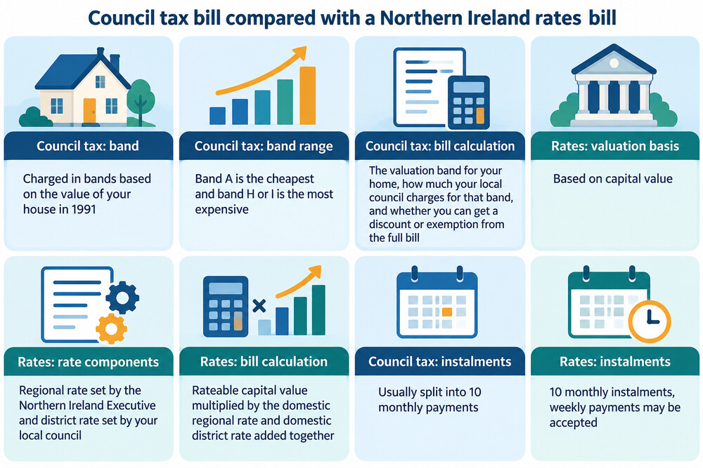 A side-by-side comparison of a council tax bill and a Northern Ireland rates bill, showing the band or capital value, the council or district charge, and the instalment schedule