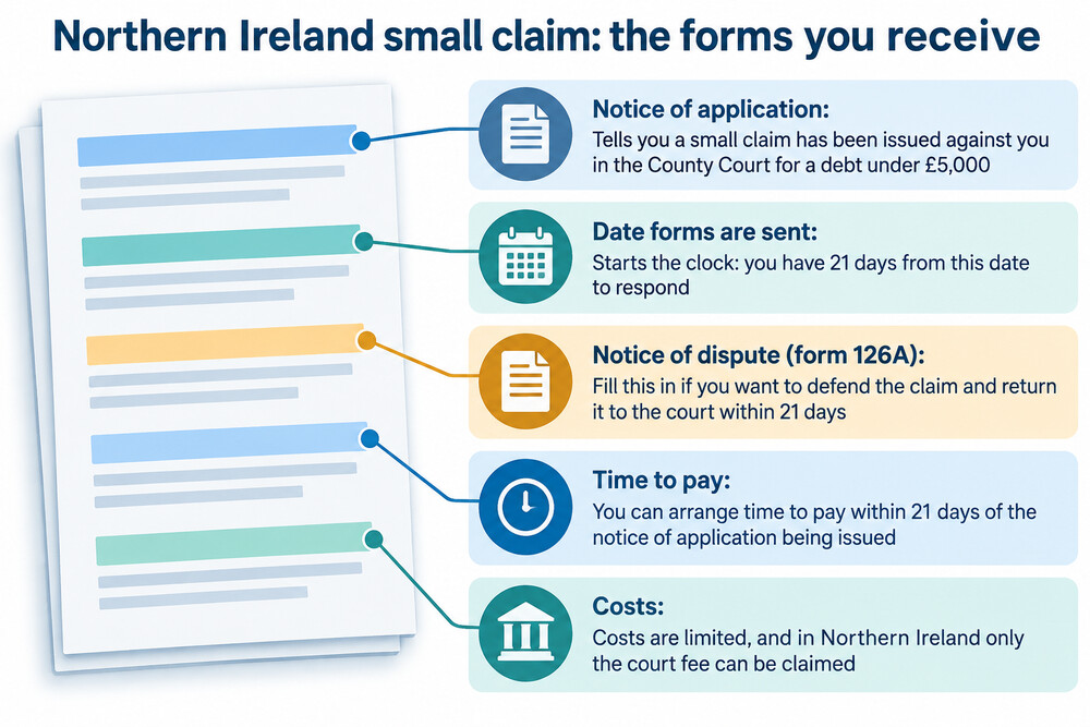 The three Northern Ireland small claim forms, Form 125, 126A and 126B, laid out with their names and purposes