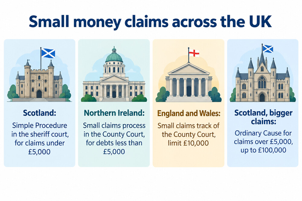 A map of the United Kingdom showing which small claims court system applies in Scotland, Northern Ireland, and England and Wales