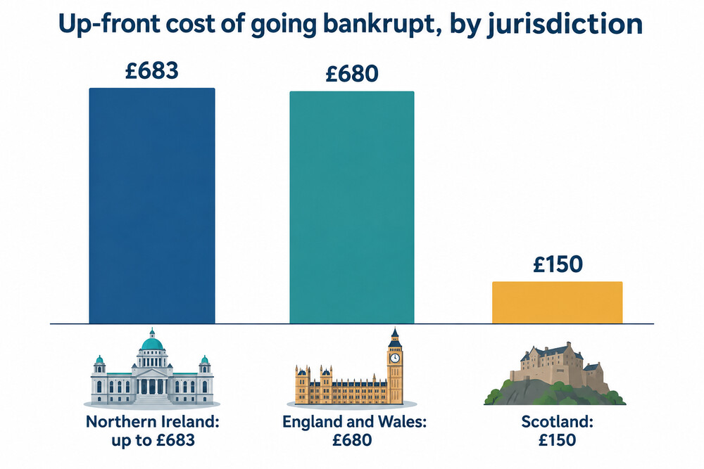 A bar chart comparing the up-front cost of bankruptcy in each UK jurisdiction