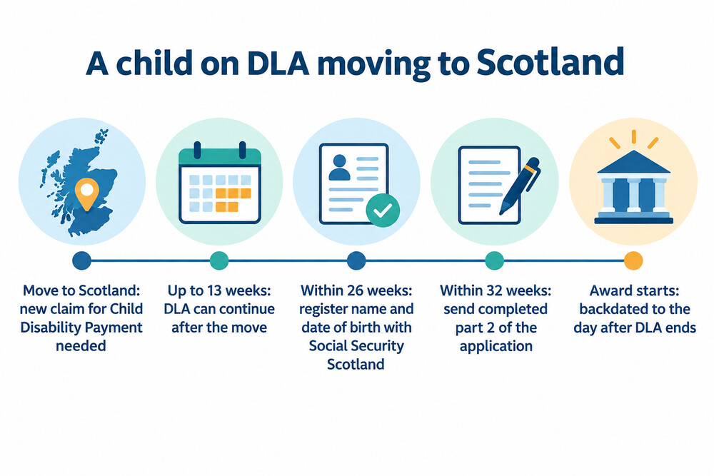 Timeline of the deadlines for a child moving to Scotland while getting DLA