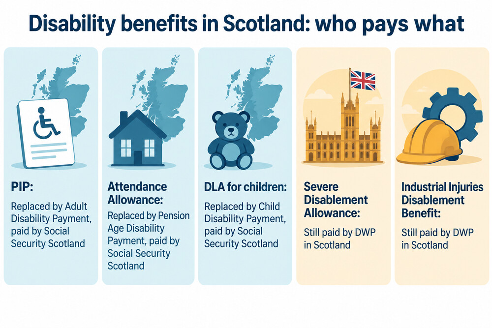 A map of the United Kingdom showing which body pays benefits in each nation