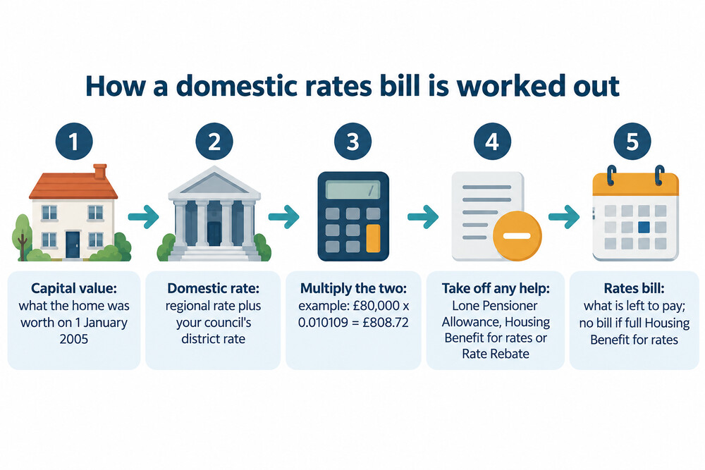 How a Northern Ireland rates bill is worked out from capital value and the domestic rate