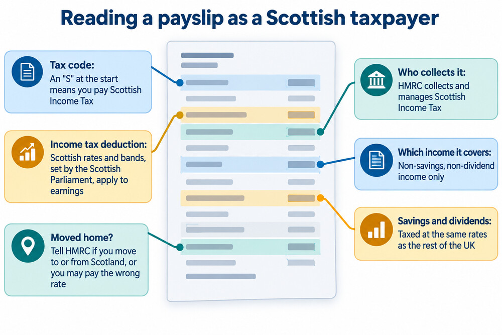 A Scottish payslip showing the tax code beginning with S and the income tax deducted