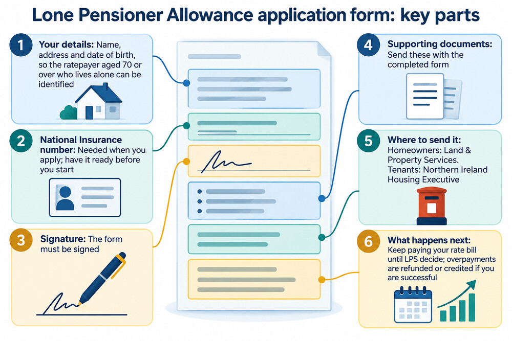 An application form for the Lone Pensioner Allowance with the signature and National Insurance number fields highlighted