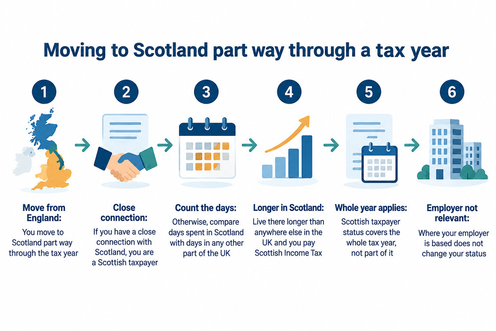 Illustration of a house move between Scotland and England, showing how the tax year as a whole decides which income tax applies