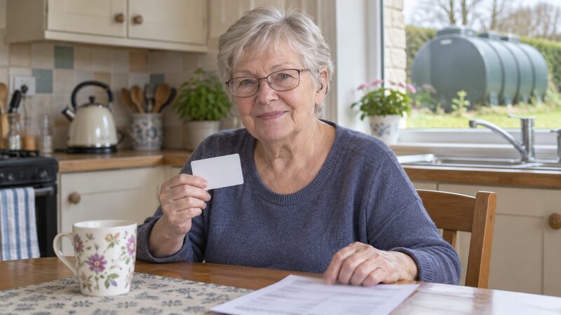 An older woman sits at a kitchen table holding a blank prepaid card beside a note.
