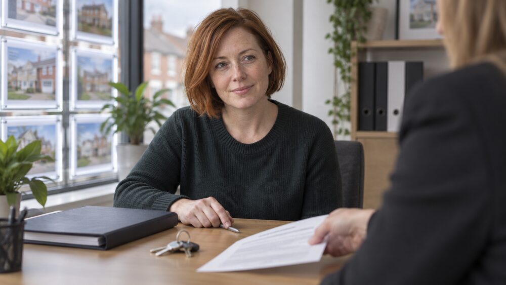 A woman sits at a desk as an agent slides a blurred fee schedule and keys towards her.