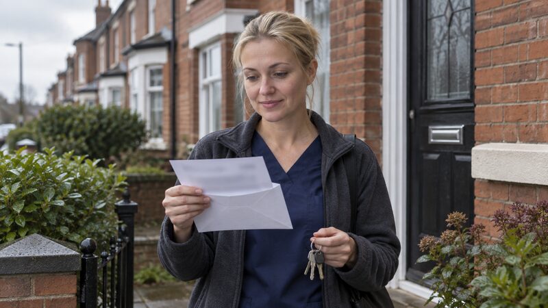 A woman stands in a front garden holding an opened envelope and keys.