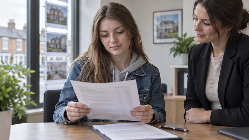 A young woman reads a blurred fee schedule at a table in a letting agent's office.