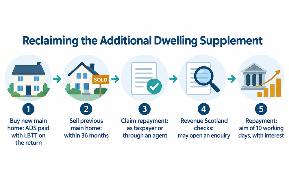 A timeline showing a new home bought, ADS paid, the old home sold within 36 months and the ADS repaid with interest