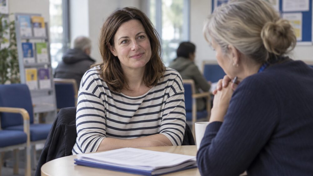 A woman sits in an advice centre waiting room talking with a volunteer adviser.