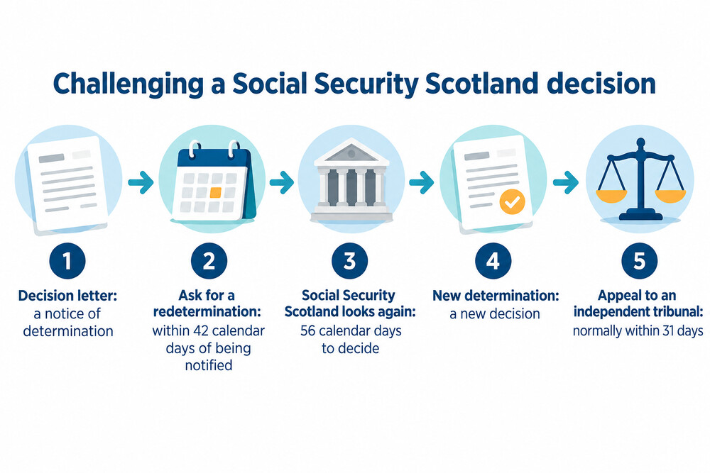 How a disagreement with a Social Security Scotland decision moves from the first decision to a tribunal