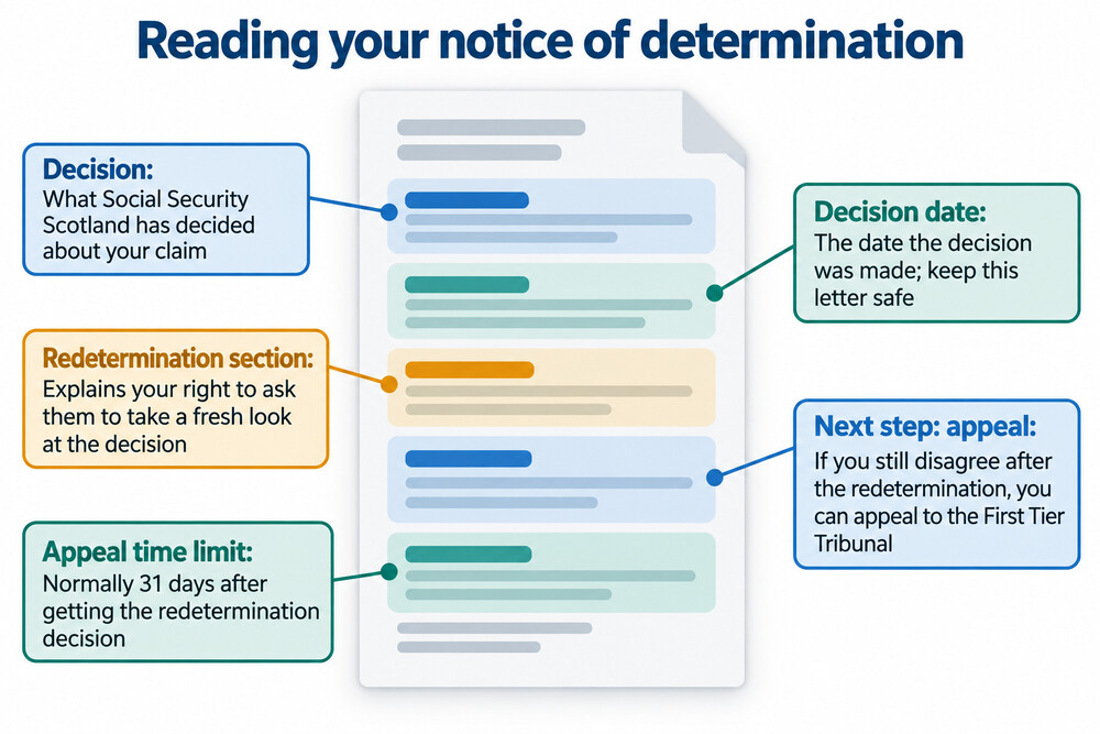 A letter from Social Security Scotland showing a benefit decision, with the key parts labelled